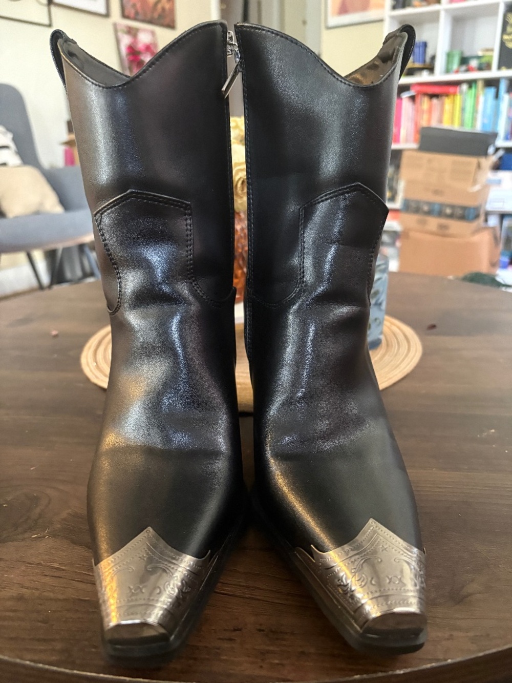 Black “Leather” Cowboy Boots with Silver Toe Caps